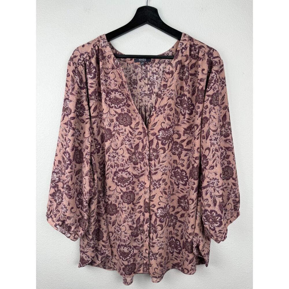 NYDJ Top Womens Size 2X Pink 3/4 Sleeve Floral Button Flowy Boho Lightweight